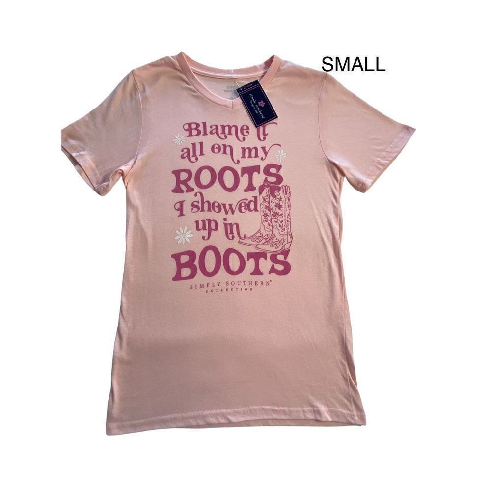 SIMPLY SOUTHERN SMALL “Blame it on My Roots I showed up in Boots” V-Neck TShirt